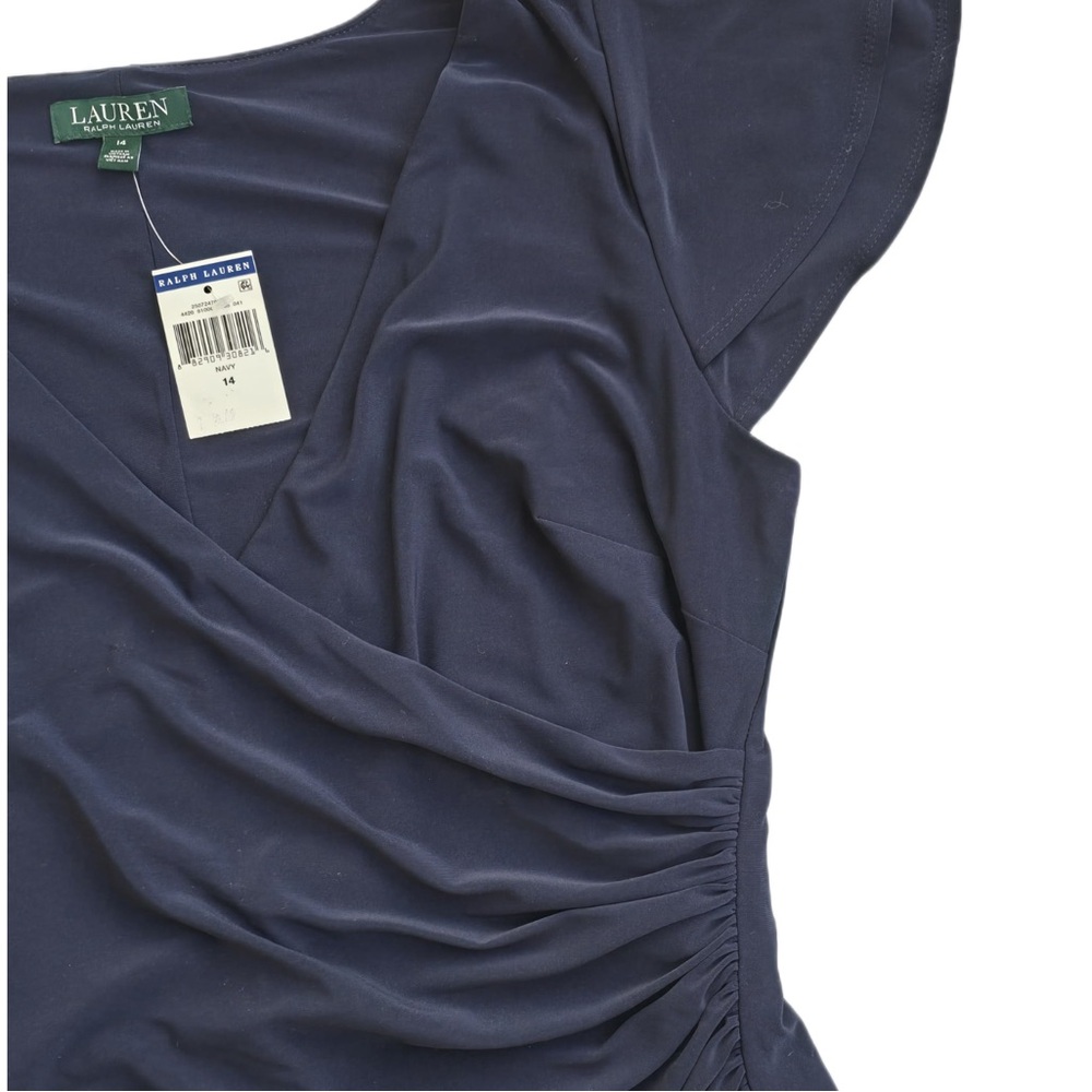 Lauren Ralph Lauren Navy Faux Wrap Ruffle Jersey Dress 14 NW #58 - Picture 4 of 11